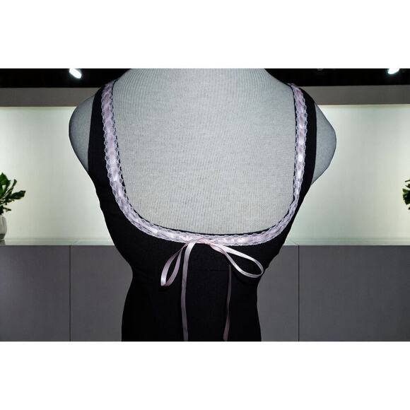 Y2K Coquette Black Bodycon Mini Dress with Pink Satin Ribbon Trim – Windsor Smal - Picture 6 of 12